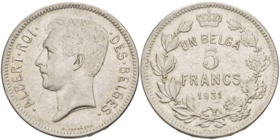 БЕЛЬГИЯ 5 ФРАНКОВ 1931 BELGES KM 97.1 никель 4536-342