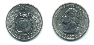 США 25 центов = квотер 1999 D, серия штаты США, Джорджия KM 296 медь плакированная медно-никелем 4388-825