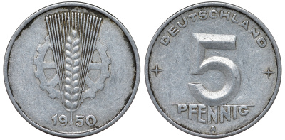 ГДР 5 ПФЕННИГОВ 1950 А алюминий 62-1141
