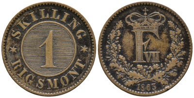 ДАНИЯ 1 СКИЛЛИНГ 1863 ФРЕДЕРИК VII (1848-1863) KM 763 (C135) бронза 67-214