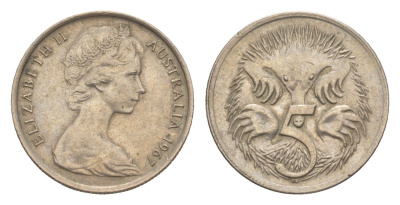 Австралия 5 центов 1967 Елизавета II (1952-2022) молодой портрет, ехидна KM 64 медно-никель 4151-752