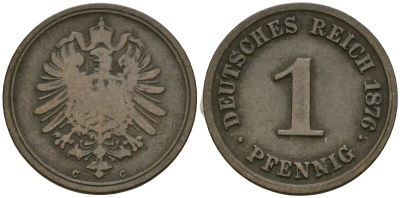 Германия 1 пфенниг 1876 C, Вильгельм I (1871-1888) KM 1, J. 1 медь 4136-1266