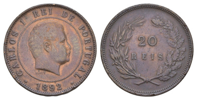 Португалия 20 реалов 1892 Карлуш I (1889-1908) KM 533 бронза 4653-633