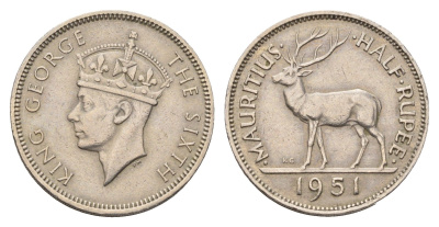 Маврикий 1/2 рупии 1951 Георг VI (1936-1952) KM 28 медно-никель 24-933