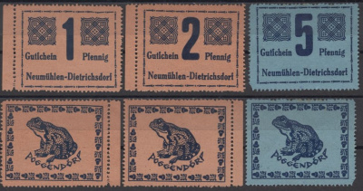 Ноймюлен-Дитрихсдорф полный набор из 3 нотгельдов (1, 2 и 5 пфеннига) DeNG 2 953.1 бумага UNC (пресс) 7556-43-2-2