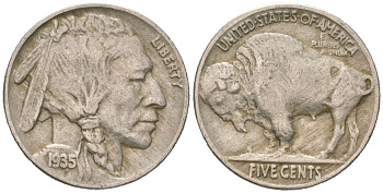США 5 центов 1935 индеец, бизон KM 134 медно-никель 4614-1157