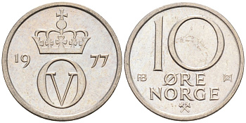 Норвегия 10 эре 1977 Улаф V (1958-1991) KM 416 медно-никель 4580-1013