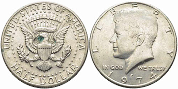 США 1/2 доллара (50 центов) 1974 D, Джон Кеннеди KM 202b медь плакированная медно-никелем 111-313