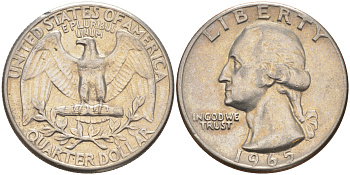 США 25 центов (квотер) 1965 Вашингтон KM 164a медь плакированная медно-никелем 08-511