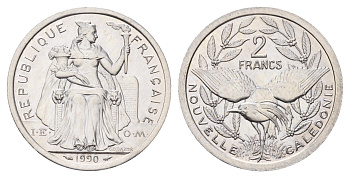 Новая Каледония 2 франка 1990 птица кагу, (IEOM) KM?14, Schoen?11, Lec?58 алюминий UNC 181-947