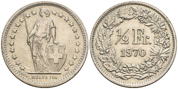 Швейцария 1/2 франка 1970 KM 23а.1 медно-никель 4608-531