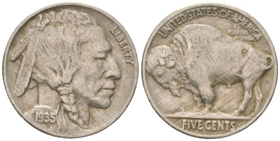 США 5 центов 1935 индеец, бизон KM 134 медно-никель 4614-1157