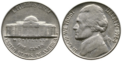 США 5 центов 1964 D, Джефферсон KM А192 медно-никель 08-913