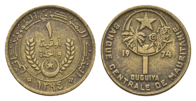 Мавритания 1 угия 1974 KM 6 алюминиевая бронза 4679-553