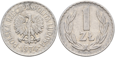Польша 1 злотый 1974 MW KM 49.1 алюминий    4187-424
