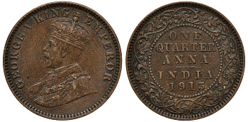 Британская Индия 1/4 анна 1913 с, Георг V (1910-1936) KM 512 бронза 4563-216
