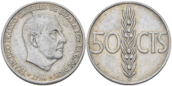 ИСПАНИЯ 50 СЕНТИМО 1966 (67) ФРАНСИСКО ФРАНКО ДИКТАТОР ИСПАНИИ (1939-1975) KM 795 алюминий 67-752