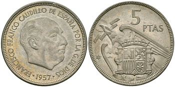 Испания 5 песет 1957 (67) Франсиско Франко (1939-1975) KM 786 медно-никель 4579-152