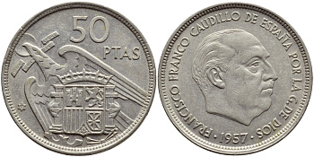 ИСПАНИЯ 50 ПЕСЕТ 1958 1957 ГОД, ФРАНКО KM 788 медно-никель 4389-1134