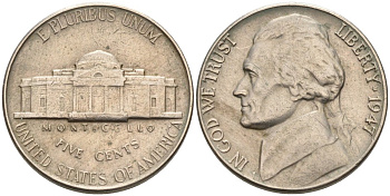 США 5 центов 1947 Джефферсон KM А192 медно-никель 92-955