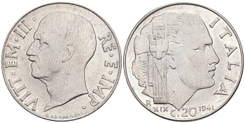 ИТАЛИЯ 20 ЧЕНТЕЗИМО 1941 R, ГОД XIX, ВИКТОР ЭММАНУИЛ III (1900-1946) KM 75b, VEM3. 1028 нержавеющая сталь 3853-927