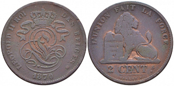 БЕЛЬГИЯ 2 САНТИМА 1870 BELGES KM 35.1 медь 4448-613