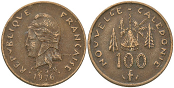 Французская Новая Каледония 100 франков 1976 хижина среди сосен и пальм, (IEOM) KM 15, Schoen 16, Lec 130 никель бронза 88-126