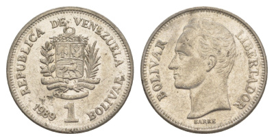 Венесуэла 1 боливар 1989 Симон Боливар, тонкий шрифт Y 52a.1 сталь плакированная никелем 4591-242