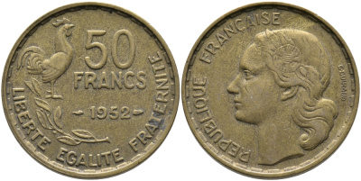 ФРАНЦИЯ 50 ФРАНКОВ 1952 KM 918.1 алюминиевая бронза 97-825