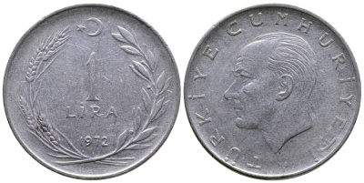 Турция 1 лира 1972 Мустафа Кемаль Ататюрк KM 889а.2 нержавеющая сталь 29-944