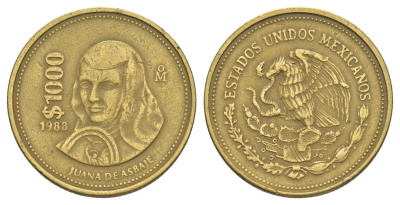 Мексика 1000 песо 1988 Мо, Хуана де Асбахе KM 536 алюминиевая бронза 4634-726