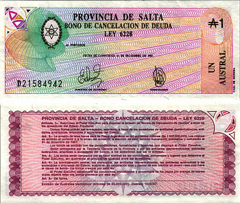 Аргентина, провинция Сальта 1 аустраль 1987 Pick S 2612b бумага аUNC 6352-18-3-2