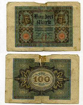 Германия 100 марок 1920 Бамбергский всадник, 8 цифр в номере Pick 69 b, Розенберг 69b бумага 8619-36-1-2