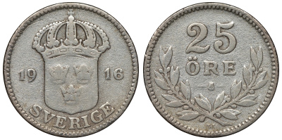 Швеция 25 эре 1916 W, Густав V (1907-1950) KM 785 серебро 4115-347