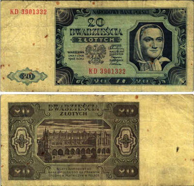 Польша 20 злотых 1948 женщина, торговые ряды в Кракове, 2 буквы в серии Pick 137 (2) бумага 7183-38-2-1