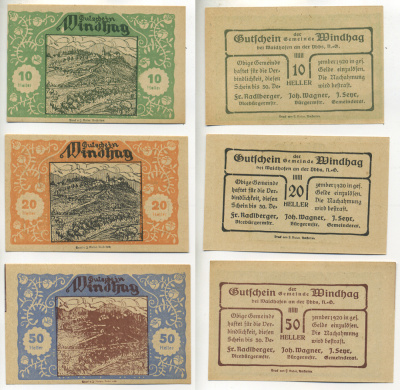 Австрия набор из 3 банкнот 1920 до 30 декабря 1920, нотгельд, 10, 20, 50 геллеров, MINDHAG   бумага  aUNC  7555-7-1-1