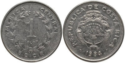 КОСТА-РИКА 1 КОЛОН 1984 B.C.C.R. KM 210.1 нержавеющая сталь 181-214