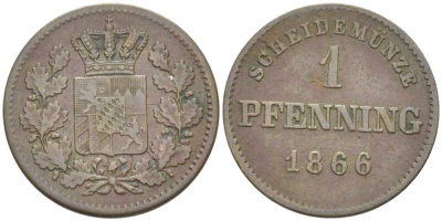 Бавария 1 пфенниг 1866 Людвиг II (1864-1886) КМ 471, AKS 185 медь 201-253