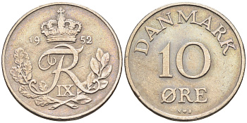 Дания 10 эре 1952 N. S, Фредерик IX (1947-1972) КМ 841.1 медно-никель    4169-167