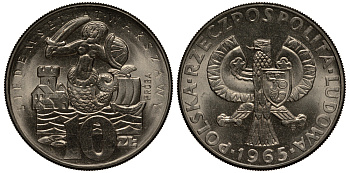 Польша 10 злотых 1965 MW, 700 лет Варшаве, проба, probe KM Pr 133 медно-никель  UNC 441-545