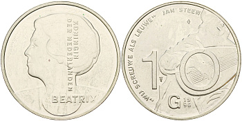 Нидерланды 10 гульденов 1996 Ян Стен, автопортрет с лютней, королева Беатрикс KM 223 серебро 1517-613