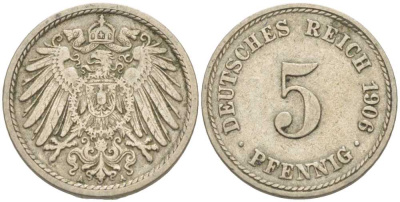 ГЕРМАНИЯ 5 ПФЕННИГОВ 1906 A KM 11, J. 12 медно-никель 105-119