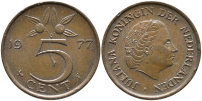 Нидерланды 5 центов 1977 Юлиана (1948-1980) KM 181 бронза 65-1225