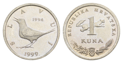 Хорватия 1 куна 1999 западный соловей, 5 лет национальной валюте, легенда на хорватском KM 9.2 медь цинк никель UNC 4651-552