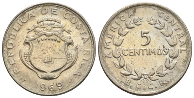 Коста-Рика 5 сентимо 1969  KM 184.2 медно-никель  UNC  4609-638