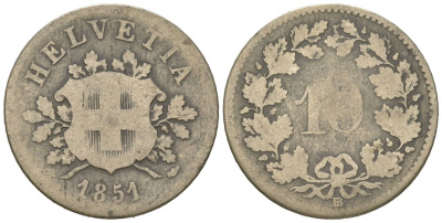 Швейцария 10 раппенов 1851 BB KM 6 серебро 4160-1111