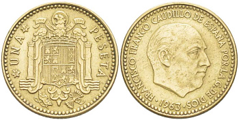 Испания 1 песета 1963 (64) Франсиско Франко (1939-1975) KM 775 алюминиевая бронза 4519-915