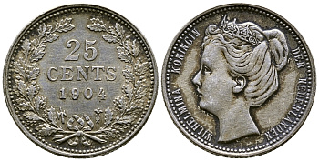 Нидерланды 25 центов 1904 Вильгельмина (1890-1948) KM 120.2 серебро 46-821