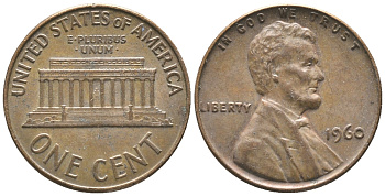 США 1 цент 1960 Линкольн, LARGE DATE KM 201 медь цинк 100-1057