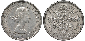 Великобритания 6 пенсов 1966 Елизавета II (1952-2022) KM 903, Spink 4149 медно-никель 4122-631